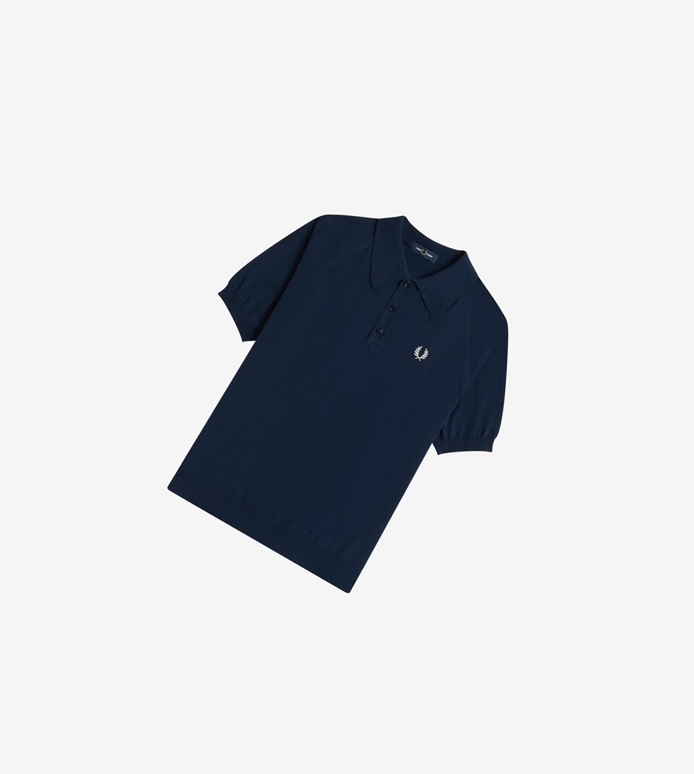 Navy Fred Perry Reissues Raglan Sleeve Knitted Shirt Men's Knitwear | YCKLG-4970