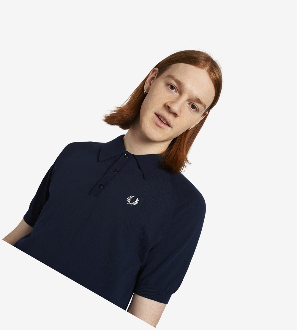 Navy Fred Perry Reissues Raglan Sleeve Knitted Shirt Men's Knitwear | YCKLG-4970