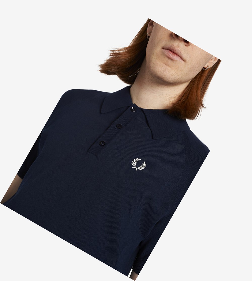 Navy Fred Perry Reissues Raglan Sleeve Knitted Shirt Men's Knitwear | YCKLG-4970