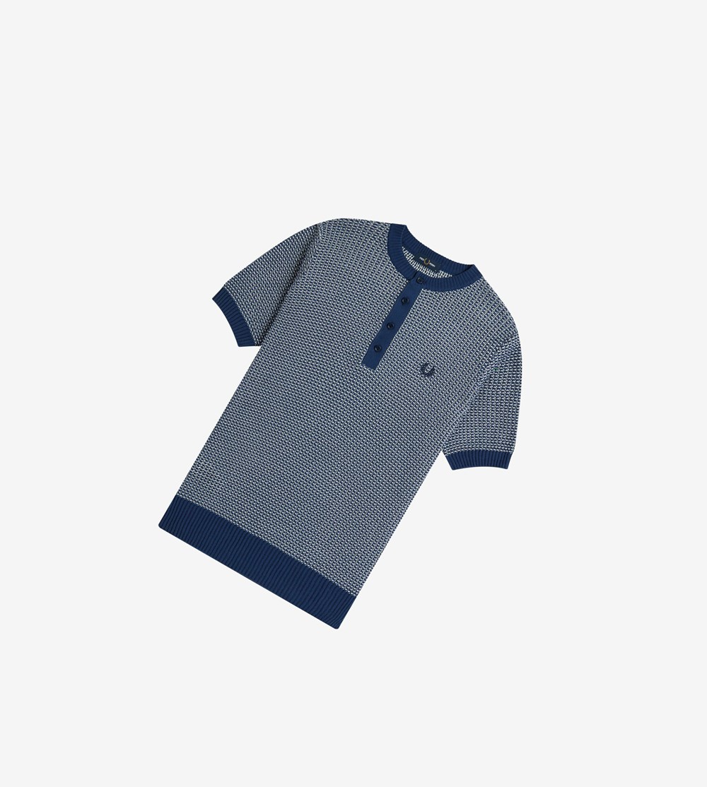 Navy Fred Perry Reissues Two Colour Texture Knit Henley Men's Knitwear | YVUXG-6103