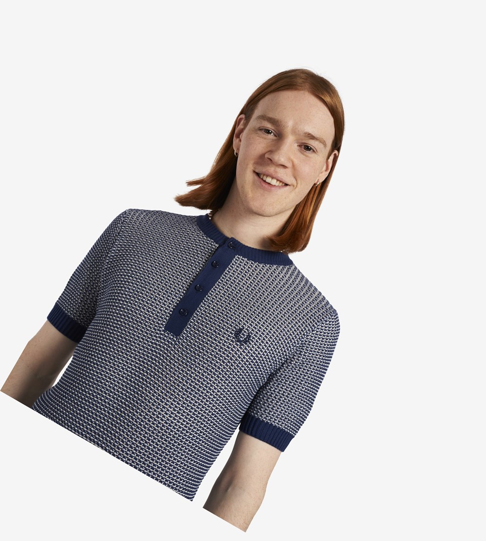 Navy Fred Perry Reissues Two Colour Texture Knit Henley Men's Knitwear | YVUXG-6103