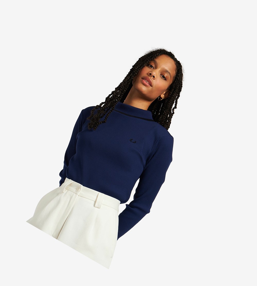 Navy Fred Perry Ribbed Mock Neck Top Women's Polo Shirts | TAPFU-9032