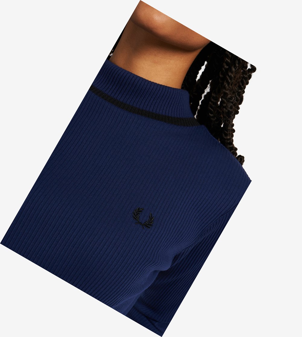 Navy Fred Perry Ribbed Mock Neck Top Women's Polo Shirts | TAPFU-9032