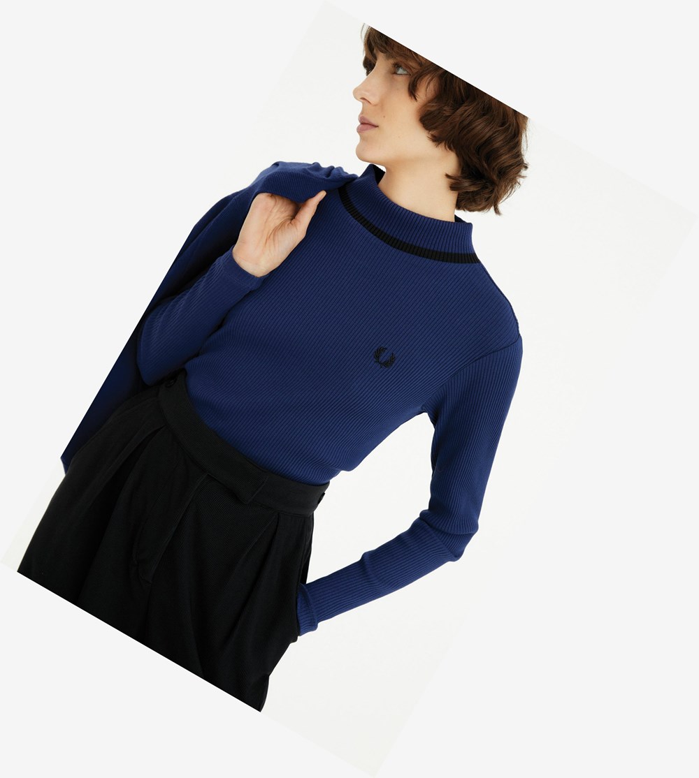 Navy Fred Perry Ribbed Mock Neck Top Women\'s Polo Shirts | TAPFU-9032