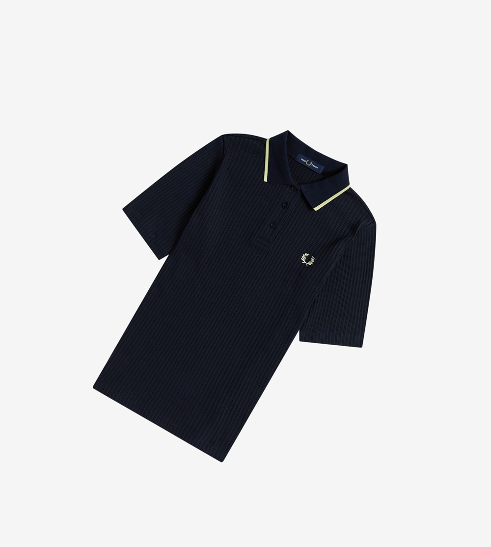 Navy Fred Perry Ribbed Women's Polo Shirts | GVDNP-4698