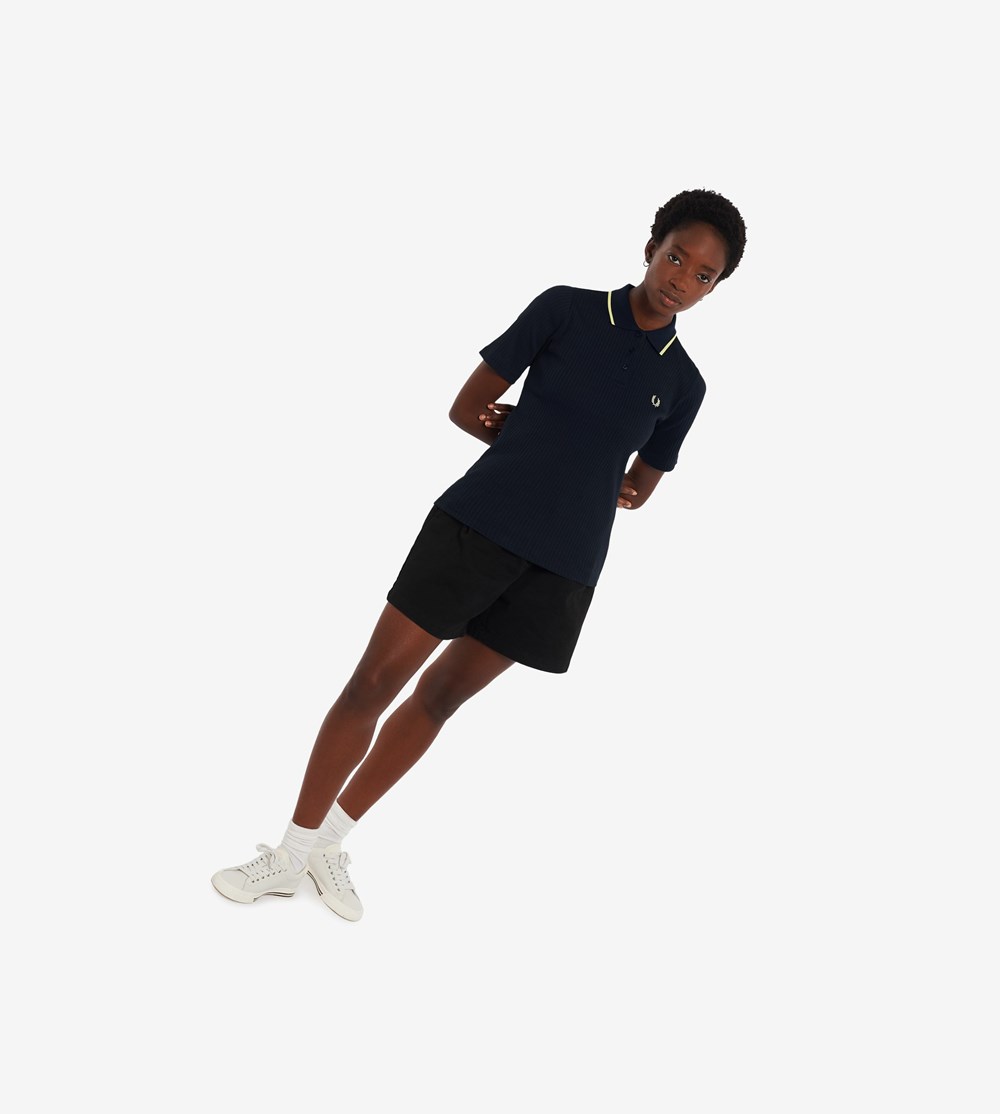 Navy Fred Perry Ribbed Women's Polo Shirts | GVDNP-4698