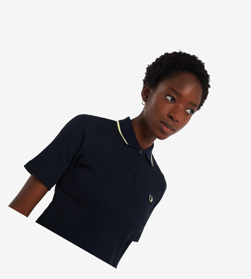 Navy Fred Perry Ribbed Women's Polo Shirts | GVDNP-4698