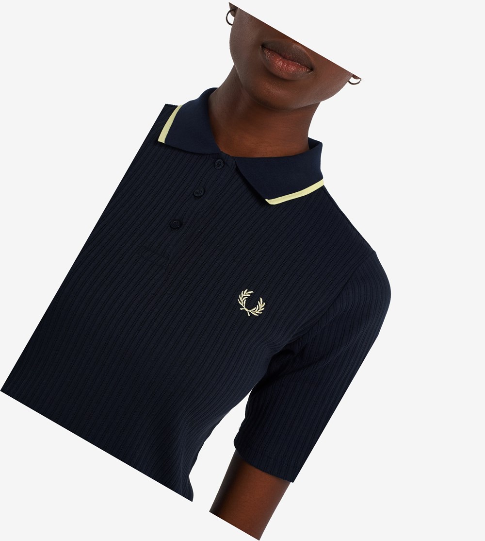 Navy Fred Perry Ribbed Women's Polo Shirts | GVDNP-4698