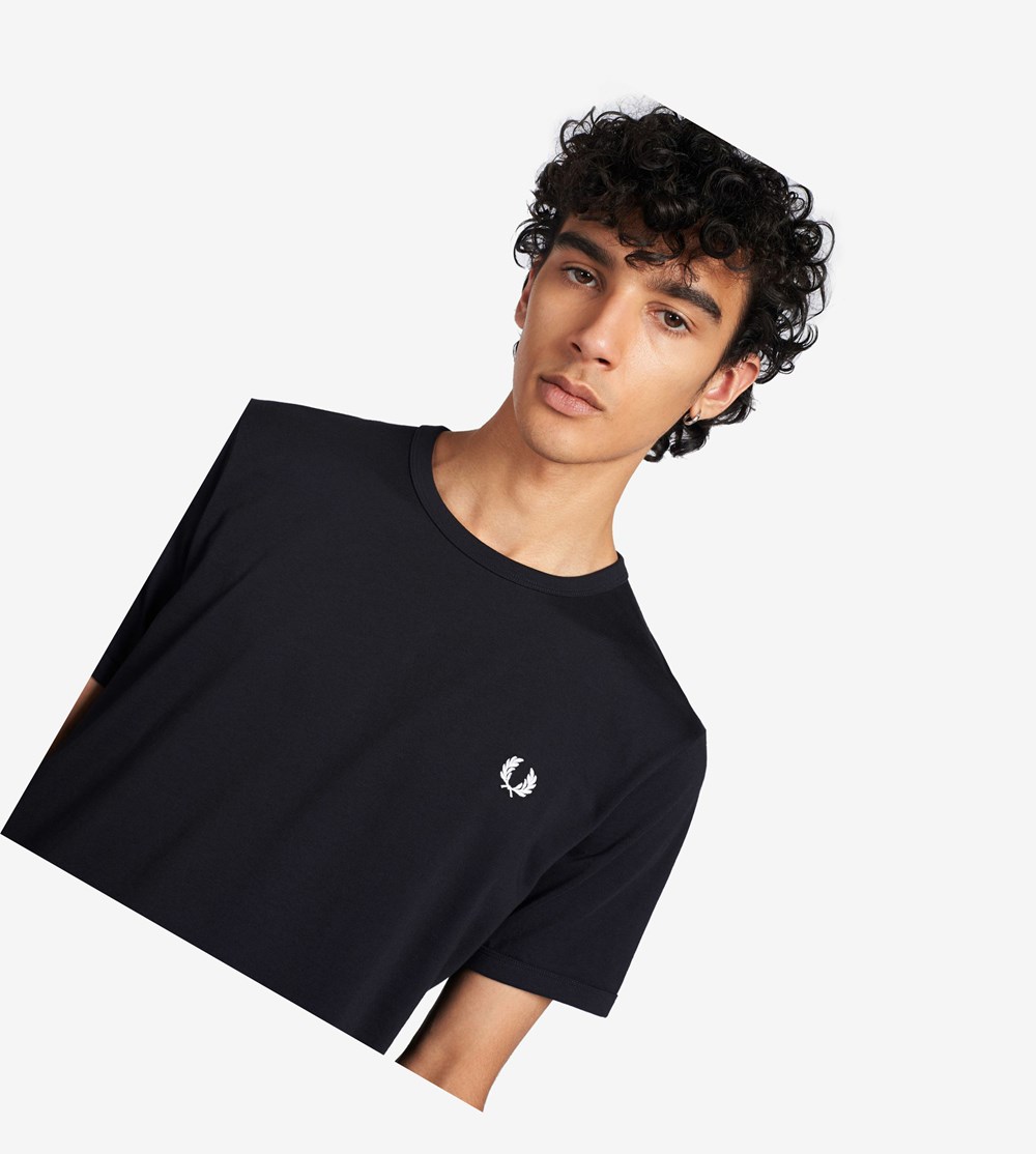 Navy Fred Perry Ringer Men's T Shirts | OSPLB-9215