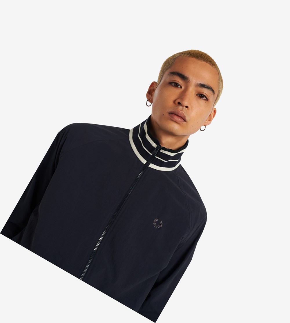 Navy Fred Perry Striped Collar Men's Track Jacket | JYHFN-4859