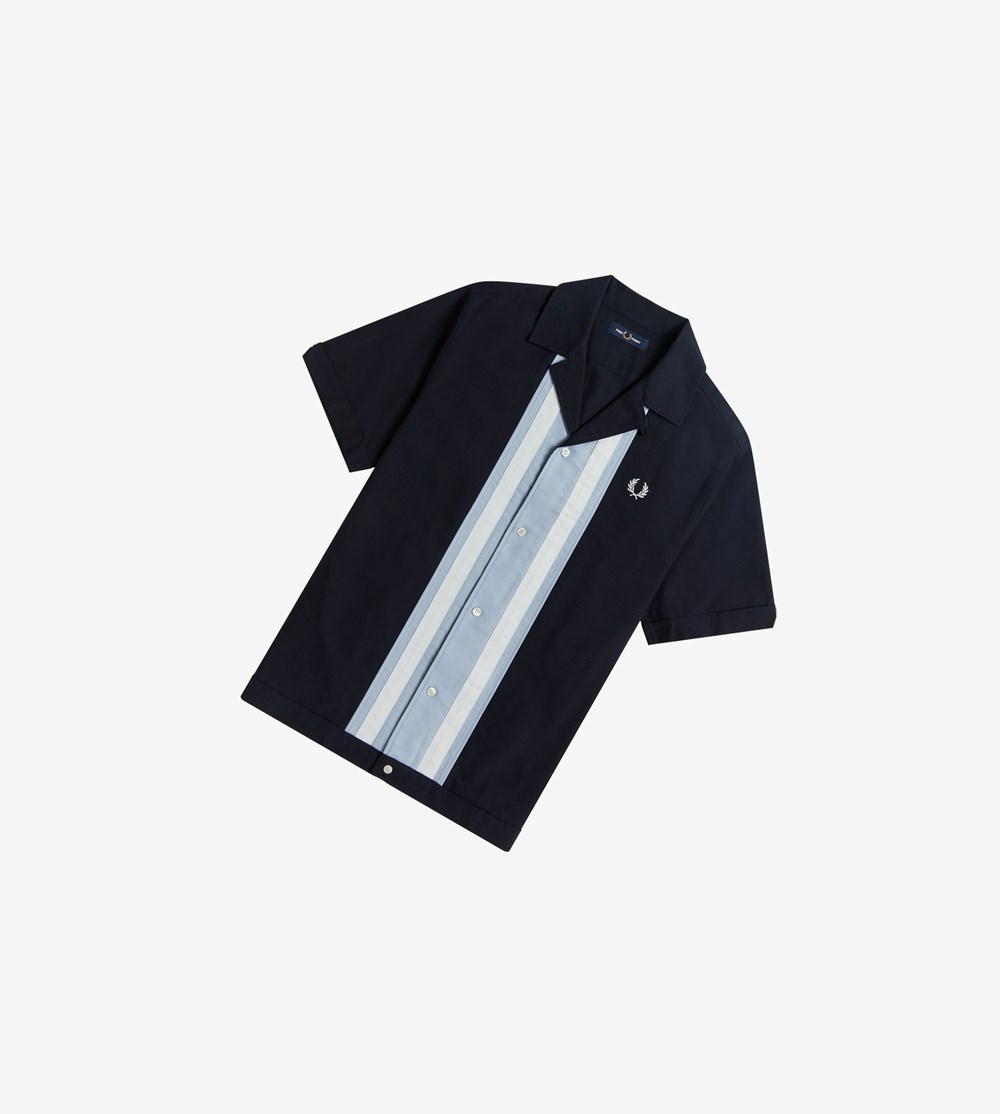 Navy Fred Perry Striped Panel Bowling Men's Shirts | EKUYA-0653