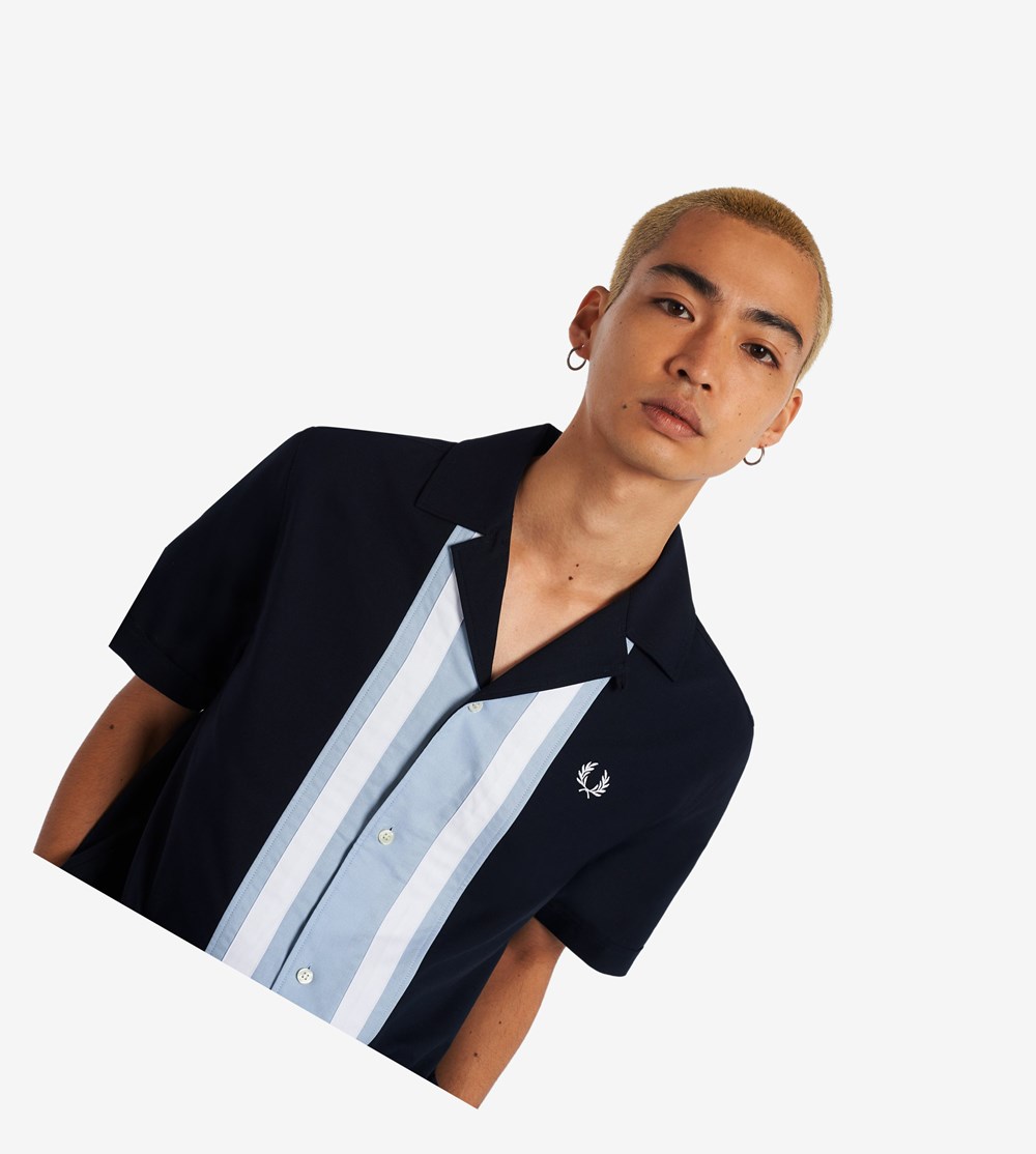 Navy Fred Perry Striped Panel Bowling Men's Shirts | EKUYA-0653