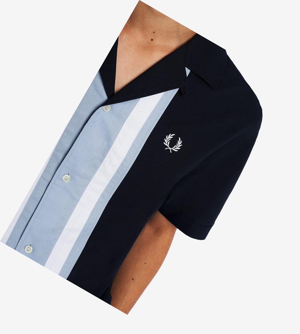 Navy Fred Perry Striped Panel Bowling Men's Shirts | EKUYA-0653