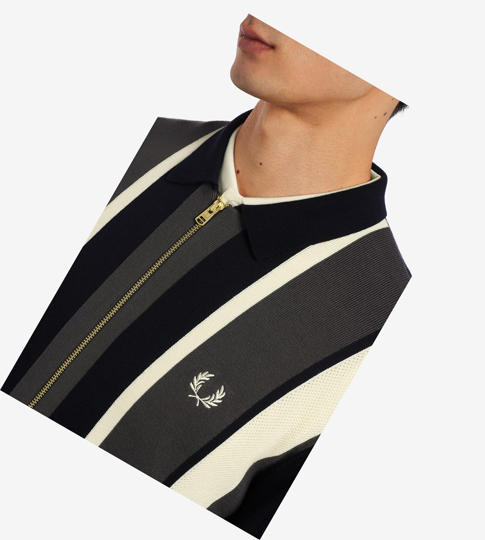 Navy Fred Perry Striped Zip-Through Cardigan Men's Knitwear | RCYGX-6137