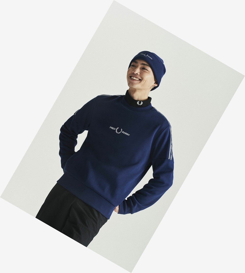 Navy Fred Perry Taped Sleeve Men's Sweatshirt | UPDFO-8745