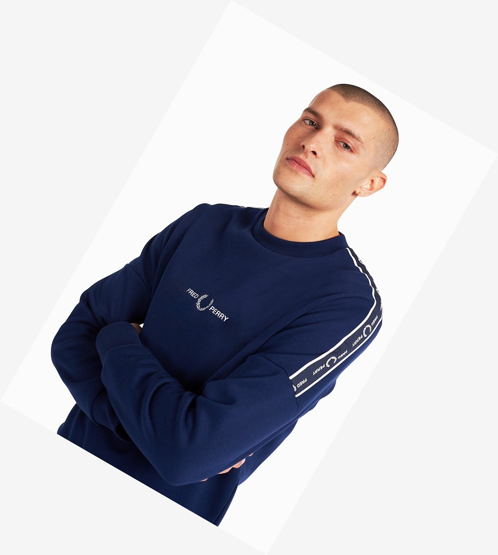 Navy Fred Perry Taped Sleeve Men's Sweatshirt | UPDFO-8745