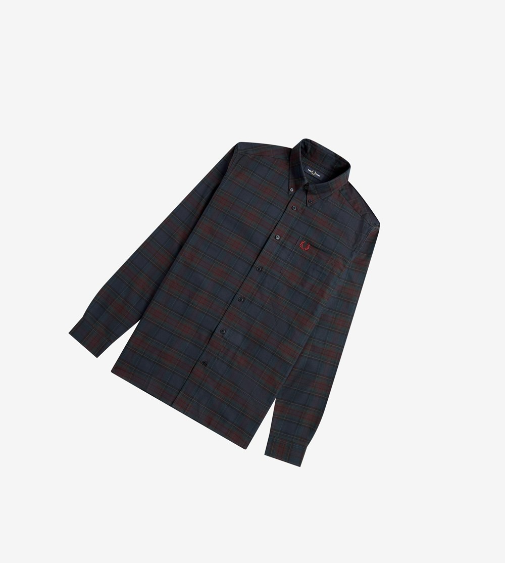 Navy Fred Perry Tartan Men's Shirts | LVWGA-6748