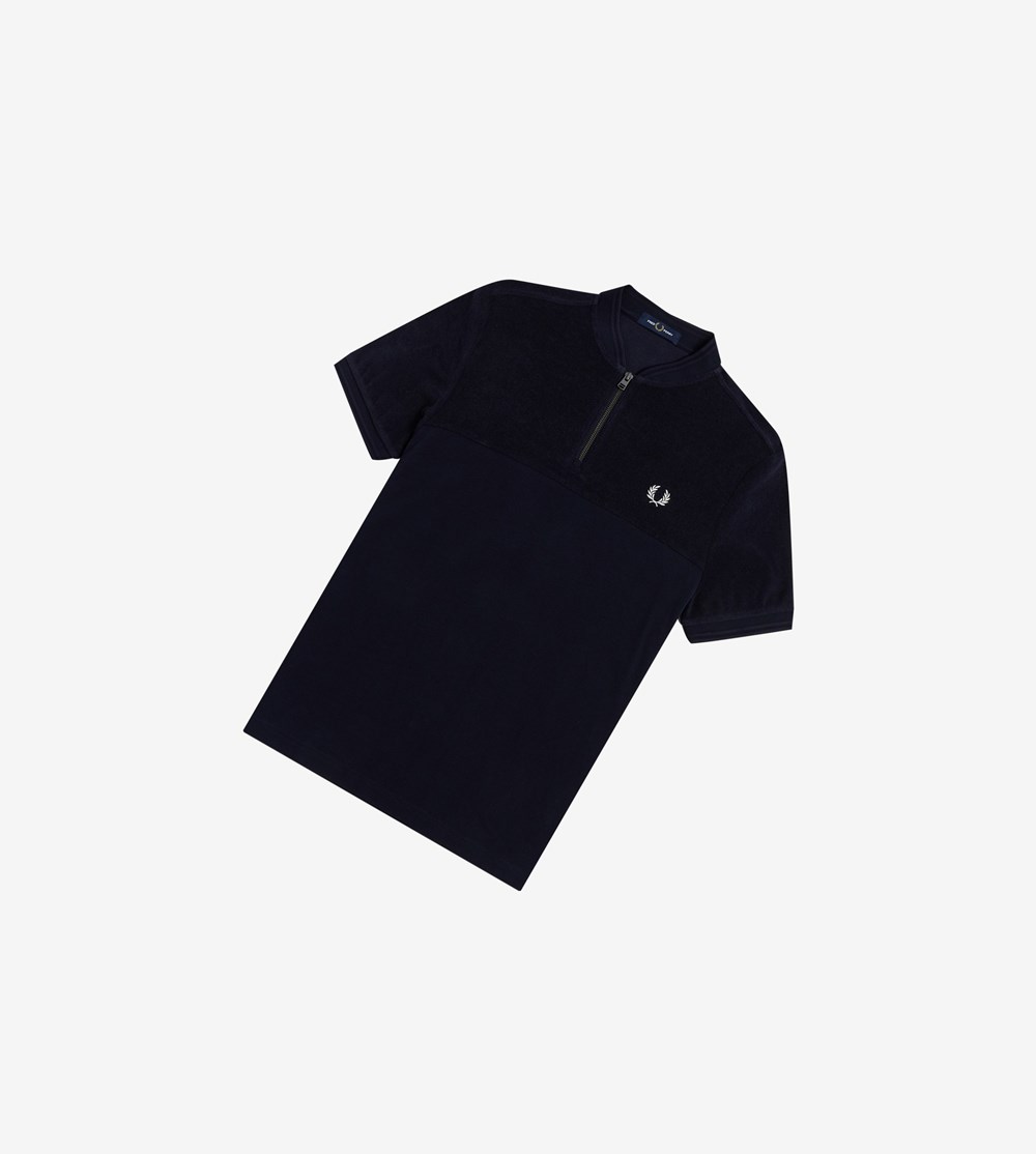 Navy Fred Perry Towelling Panel Men\'s Polo Shirts | ZQAYJ-2867