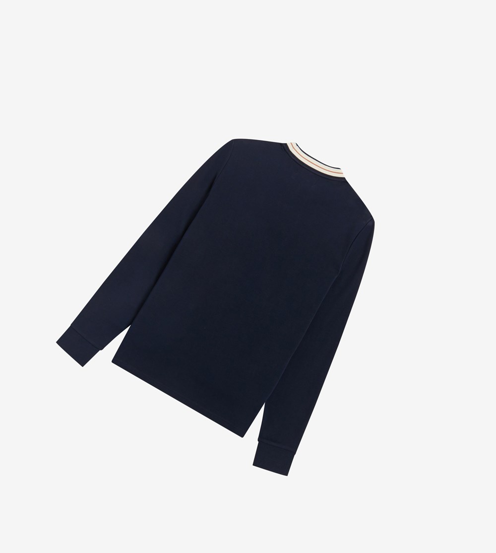 Navy Fred Perry Tramline Tipped Long Sleeve Top Men's Sweatshirt | AJHSX-2897