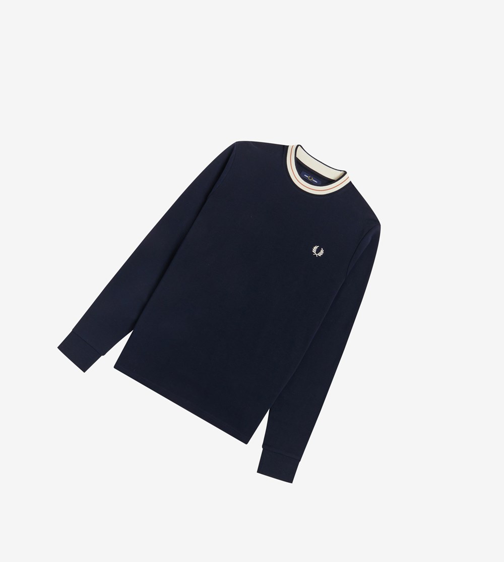 Navy Fred Perry Tramline Tipped Long Sleeve Top Men\'s Sweatshirt | AJHSX-2897