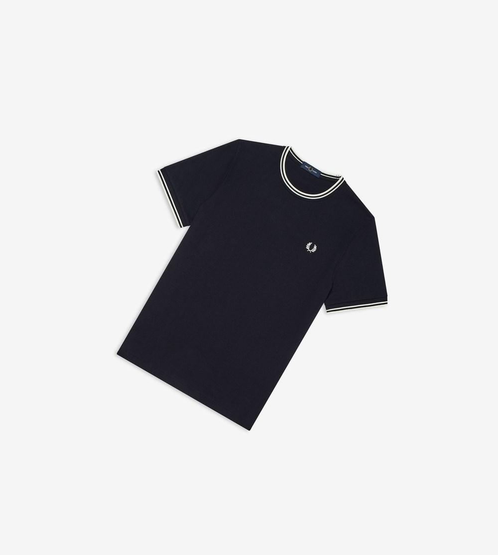 Navy Fred Perry Twin Tipped Men's T Shirts | UBYAO-9814