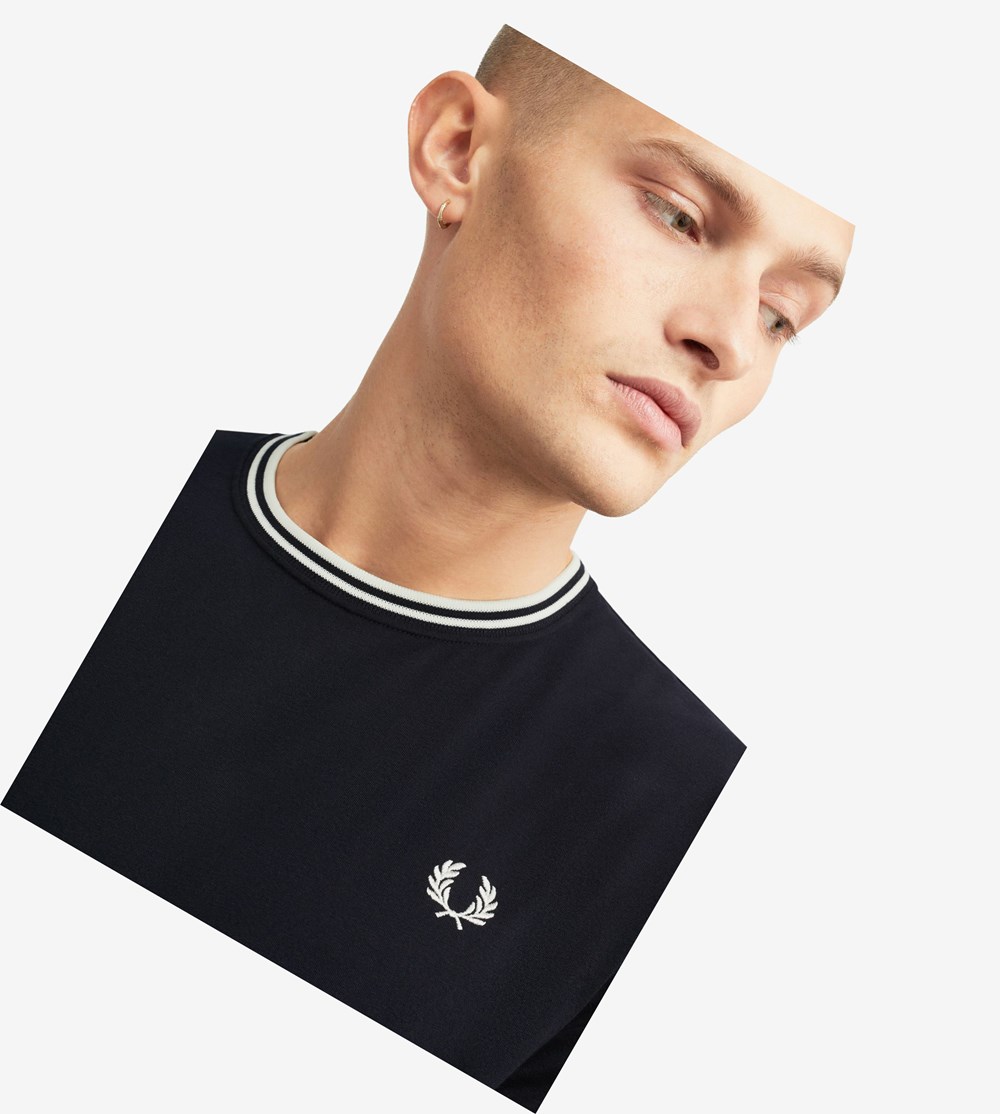 Navy Fred Perry Twin Tipped Men's T Shirts | UBYAO-9814