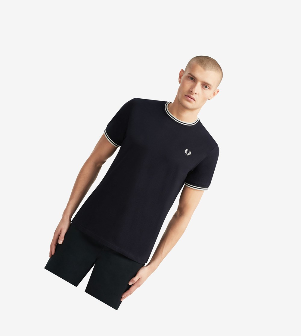 Navy Fred Perry Twin Tipped Men\'s T Shirts | UBYAO-9814