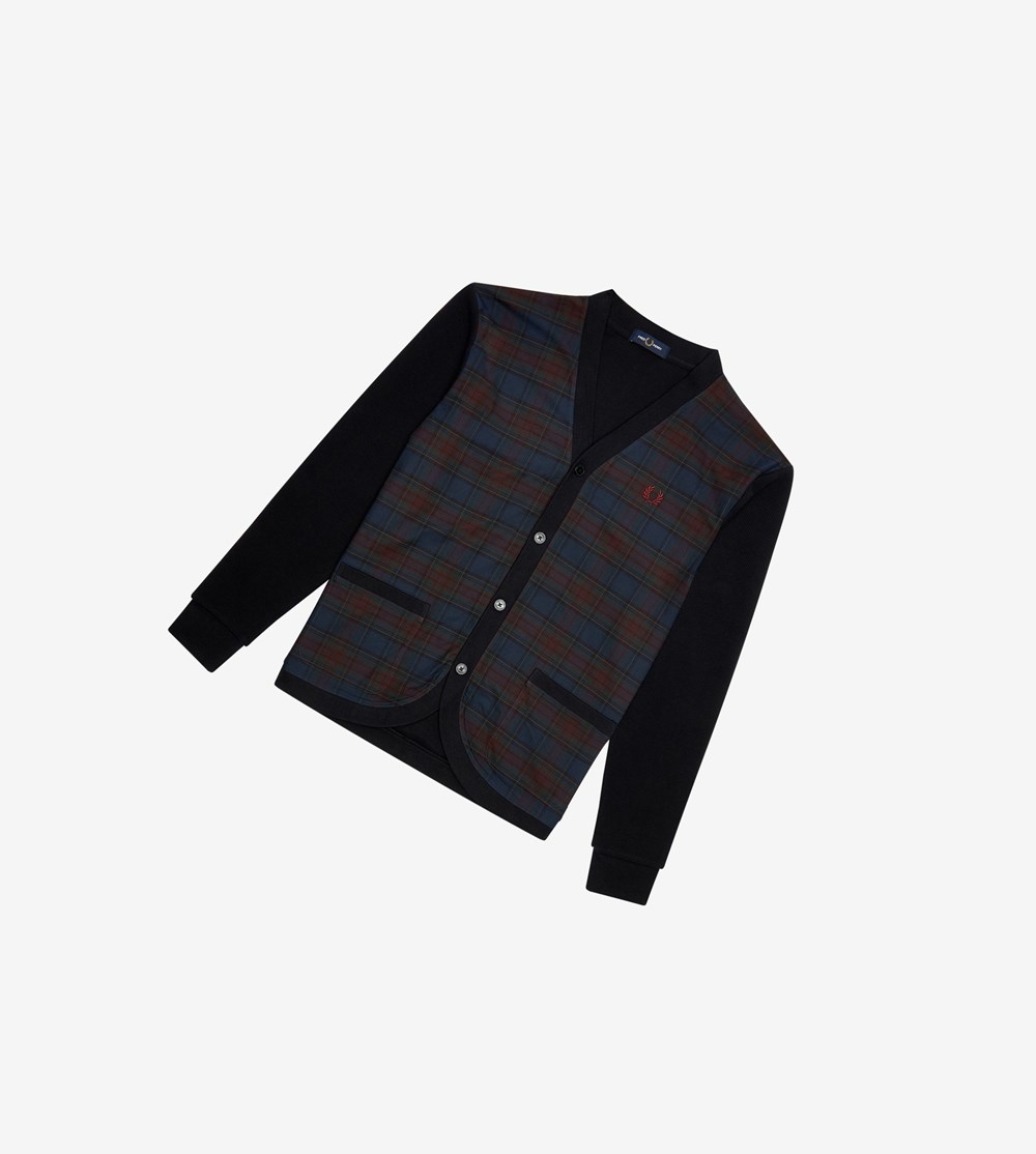 Navy Fred Perry Woven Check Cardigan Men's Knitwear | ZSVXI-5378