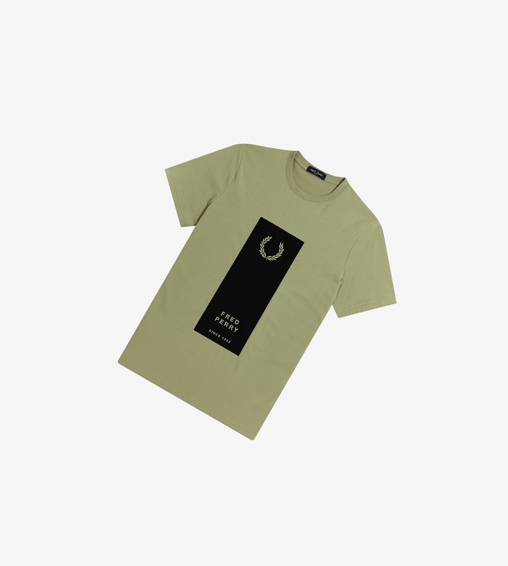 Olive Green Fred Perry Block Print Men\'s T Shirts | VABKH-3902