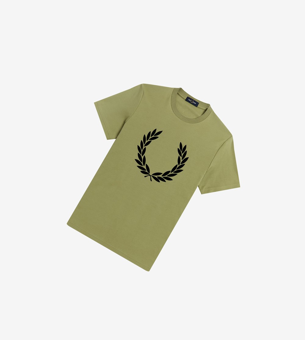 Olive Green Fred Perry Flock Laurel Wreath Men\'s T Shirts | WFJEN-4819