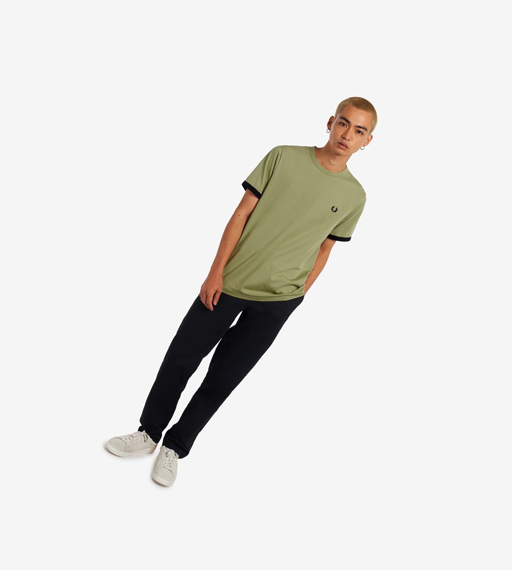 Olive Green Fred Perry Ringer Men's T Shirts | WJXAM-0186