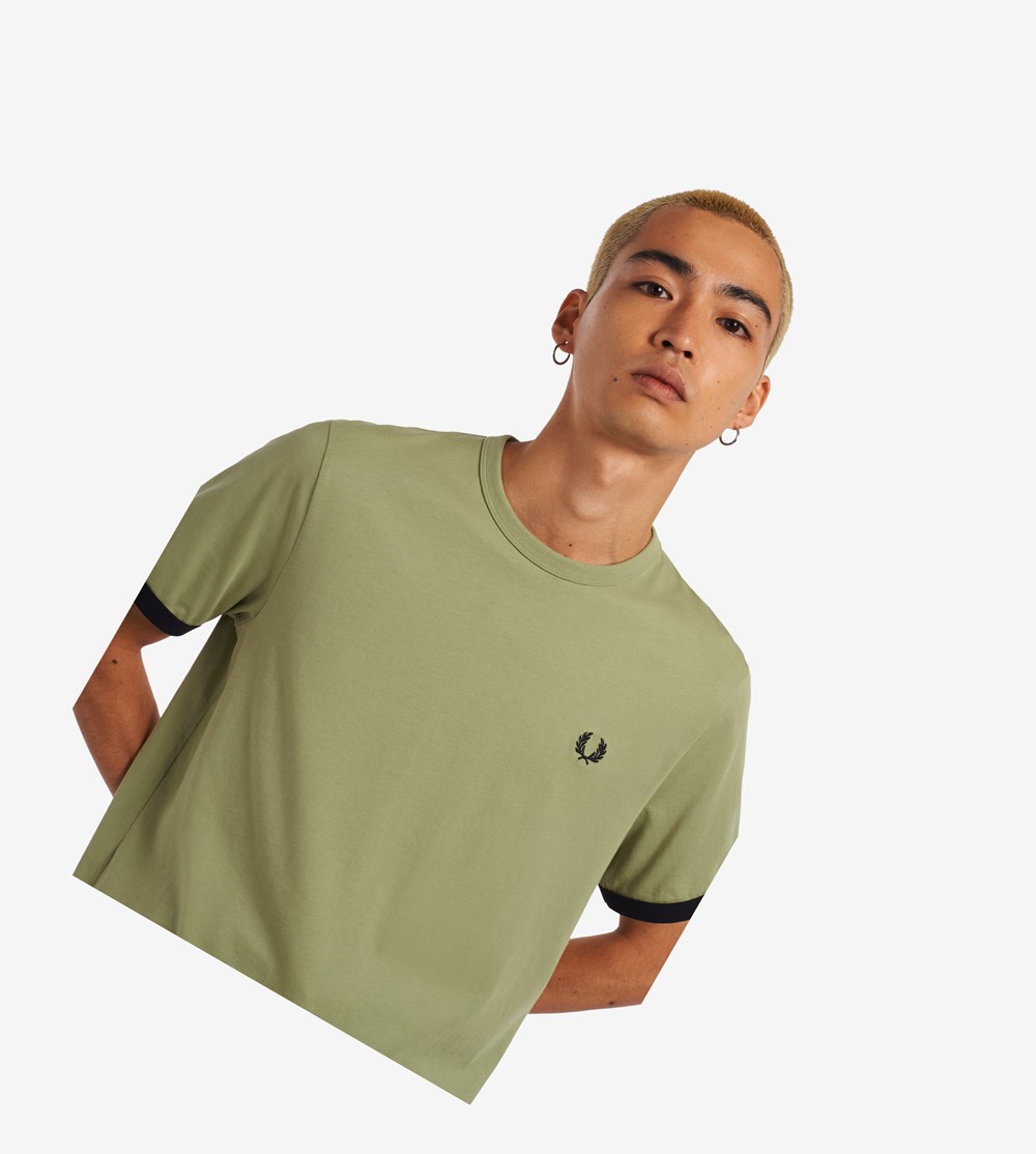 Olive Green Fred Perry Ringer Men's T Shirts | WJXAM-0186