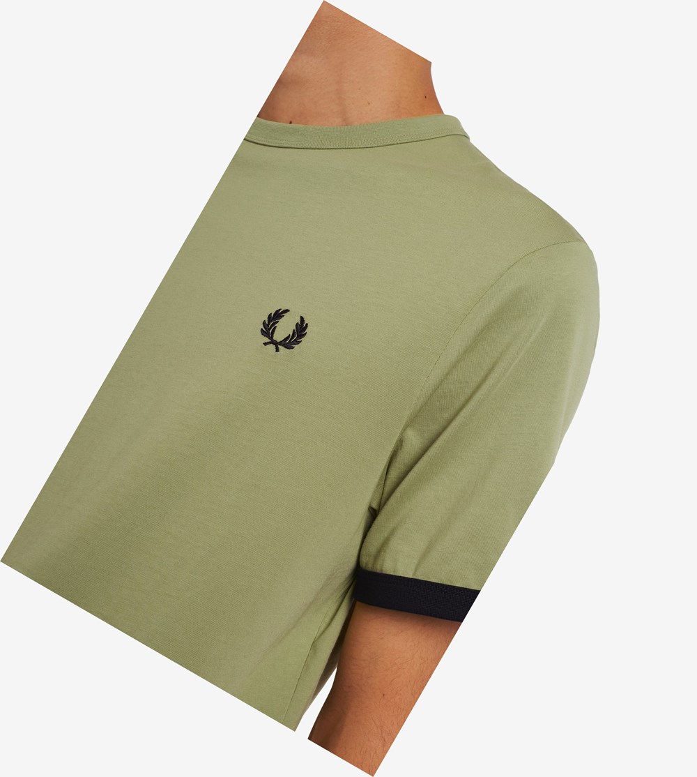 Olive Green Fred Perry Ringer Men's T Shirts | WJXAM-0186