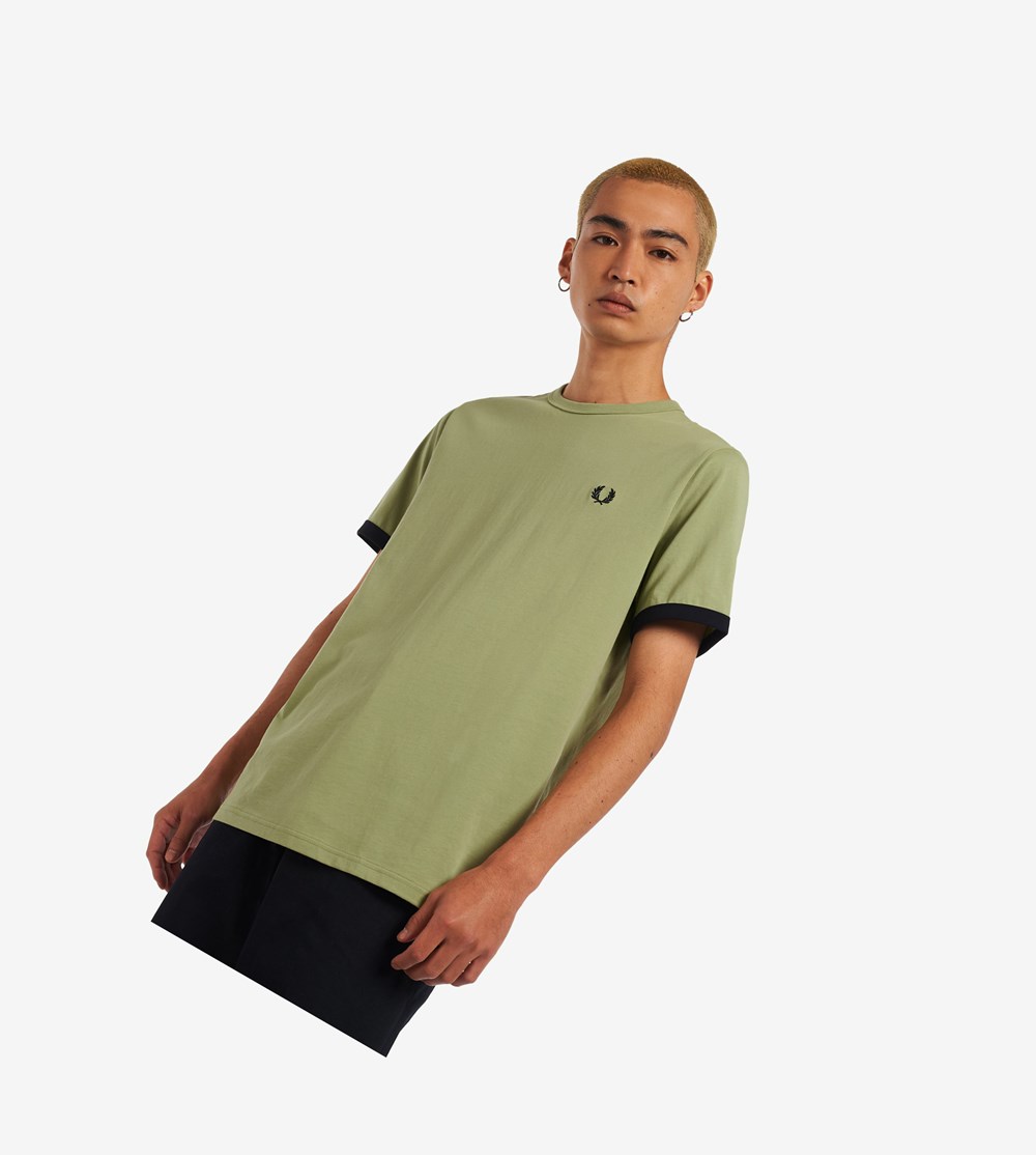 Olive Green Fred Perry Ringer Men\'s T Shirts | WJXAM-0186