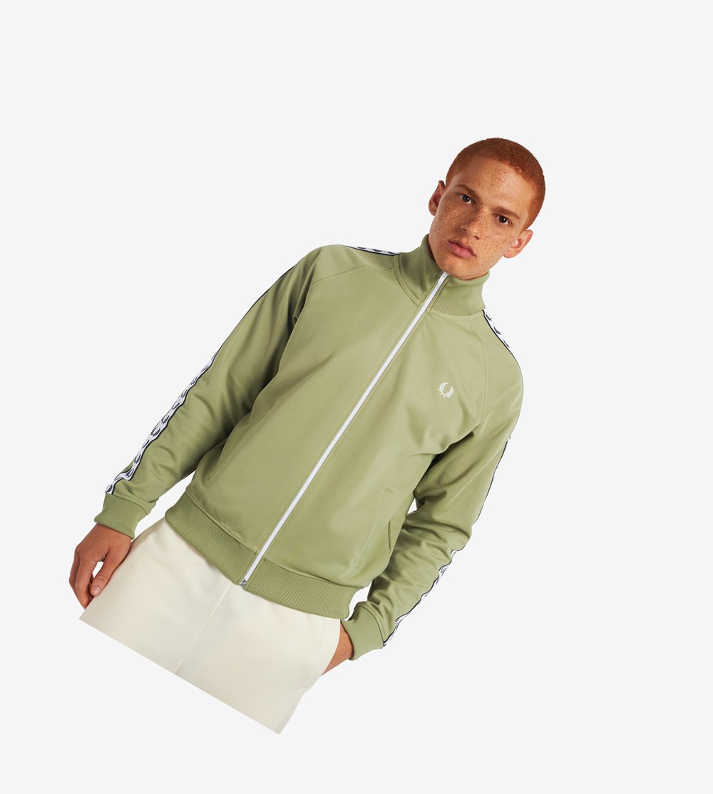 Olive Green Fred Perry Taped Men\'s Track Jacket | DWZBC-6472