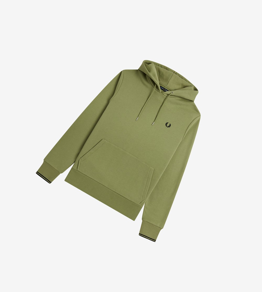 Olive Green Fred Perry Tipped Hooded Men's Sweatshirt | DUOEA-3942