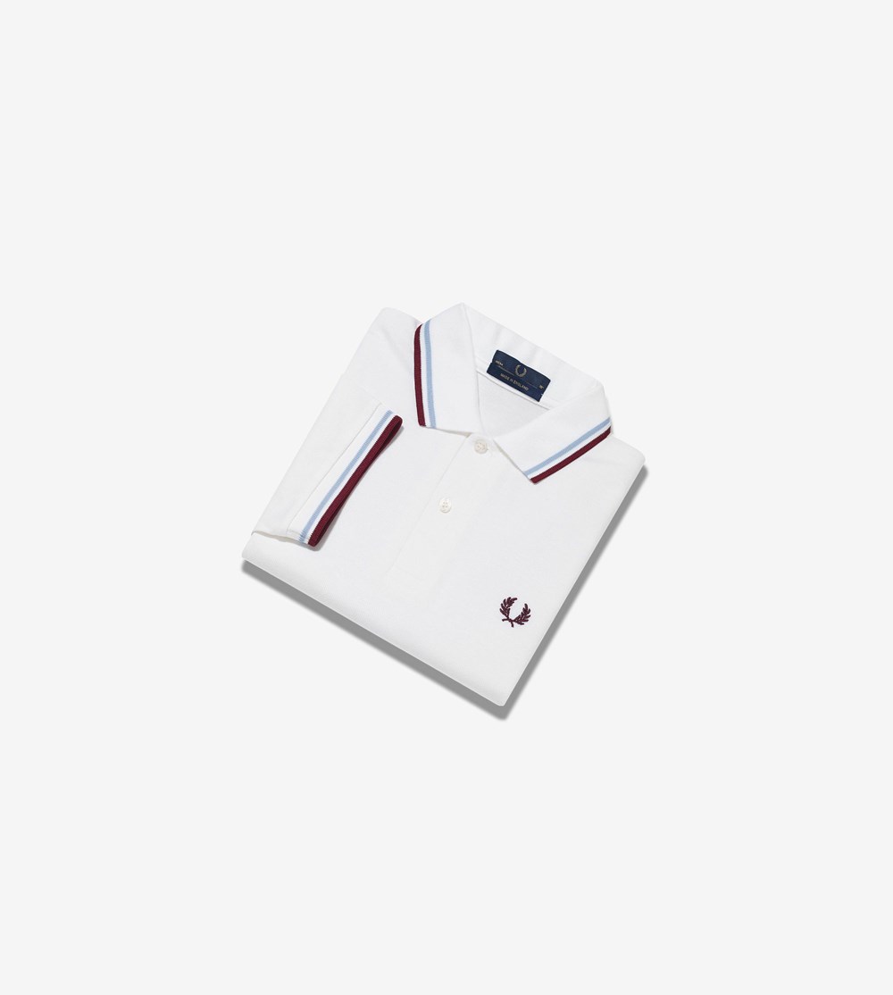 White / Burgundy Fred Perry M12 Men's Polo Shirts | GDJUF-8431