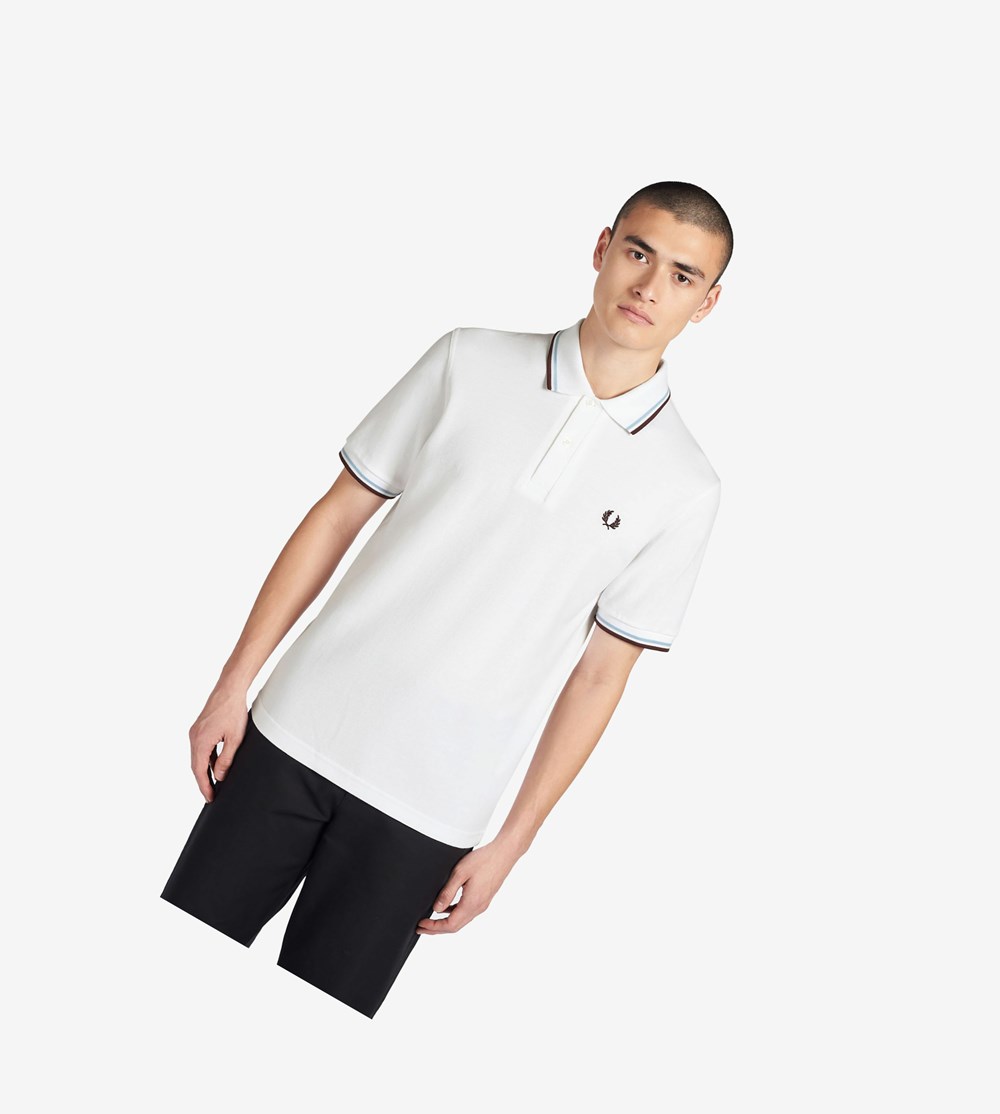 White / Burgundy Fred Perry M12 Men's Polo Shirts | GDJUF-8431