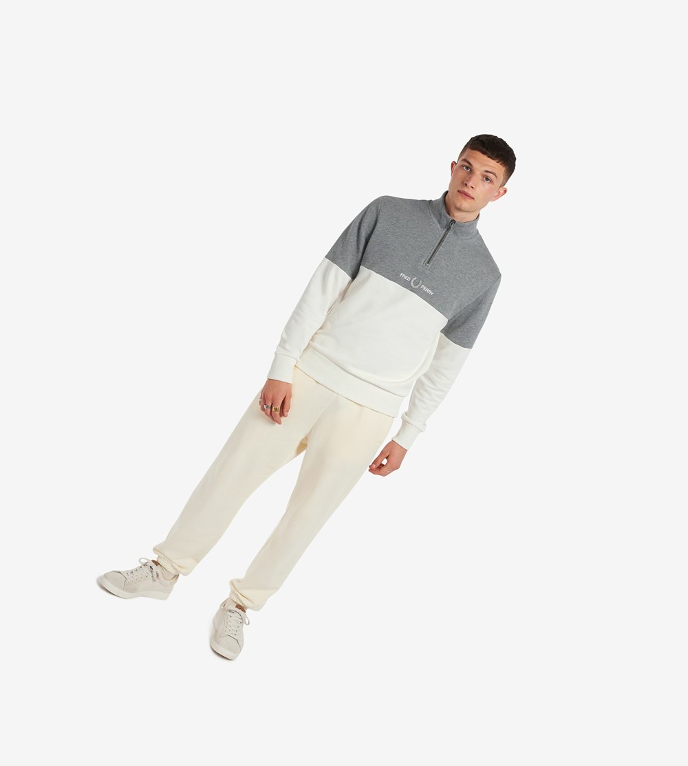 White Fred Perry Colour Block Half Zip Men's Sweatshirt | GAHZL-6094