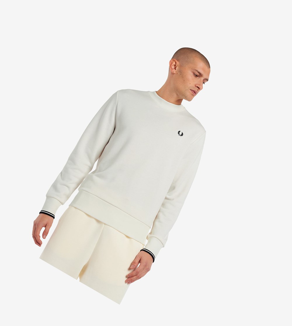 White Fred Perry Crew Neck Men's Sweatshirt | MOIHW-2596