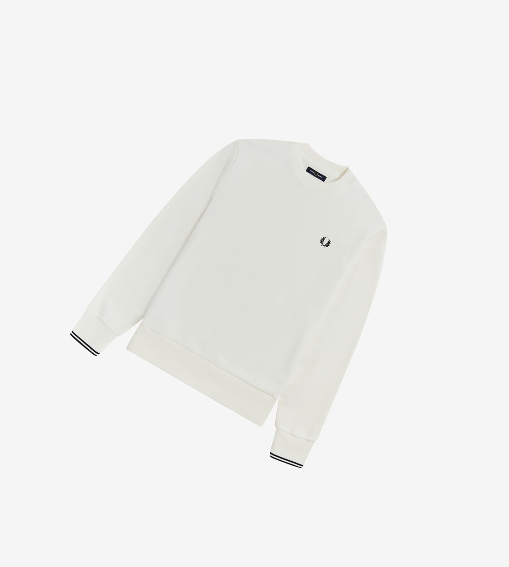 White Fred Perry Crew Neck Men's Sweatshirt | MOIHW-2596