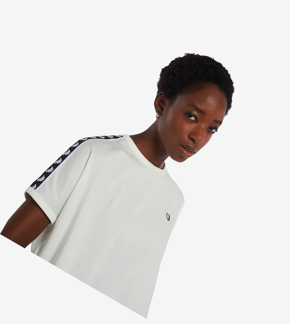 White Fred Perry Cropped Taped Ringer Women's T Shirts & Tops | KWGVH-2153