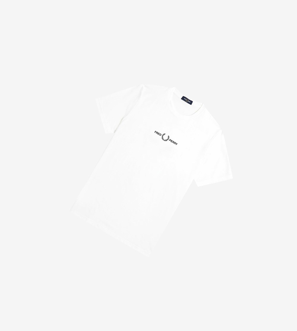 White Fred Perry Embroidered Men\'s T Shirts | FOBYI-0485