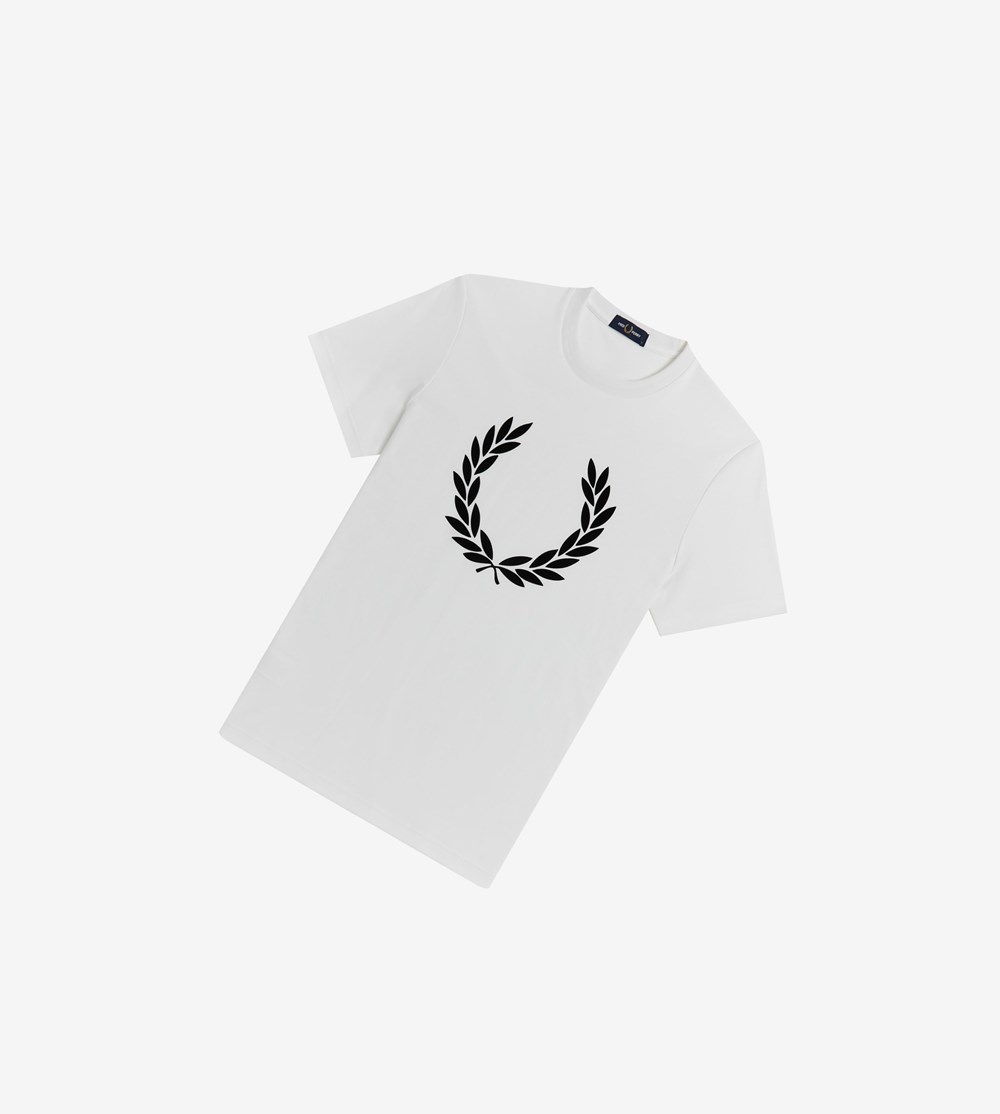 White Fred Perry Flock Laurel Wreath Men's T Shirts | ZBGRE-0586