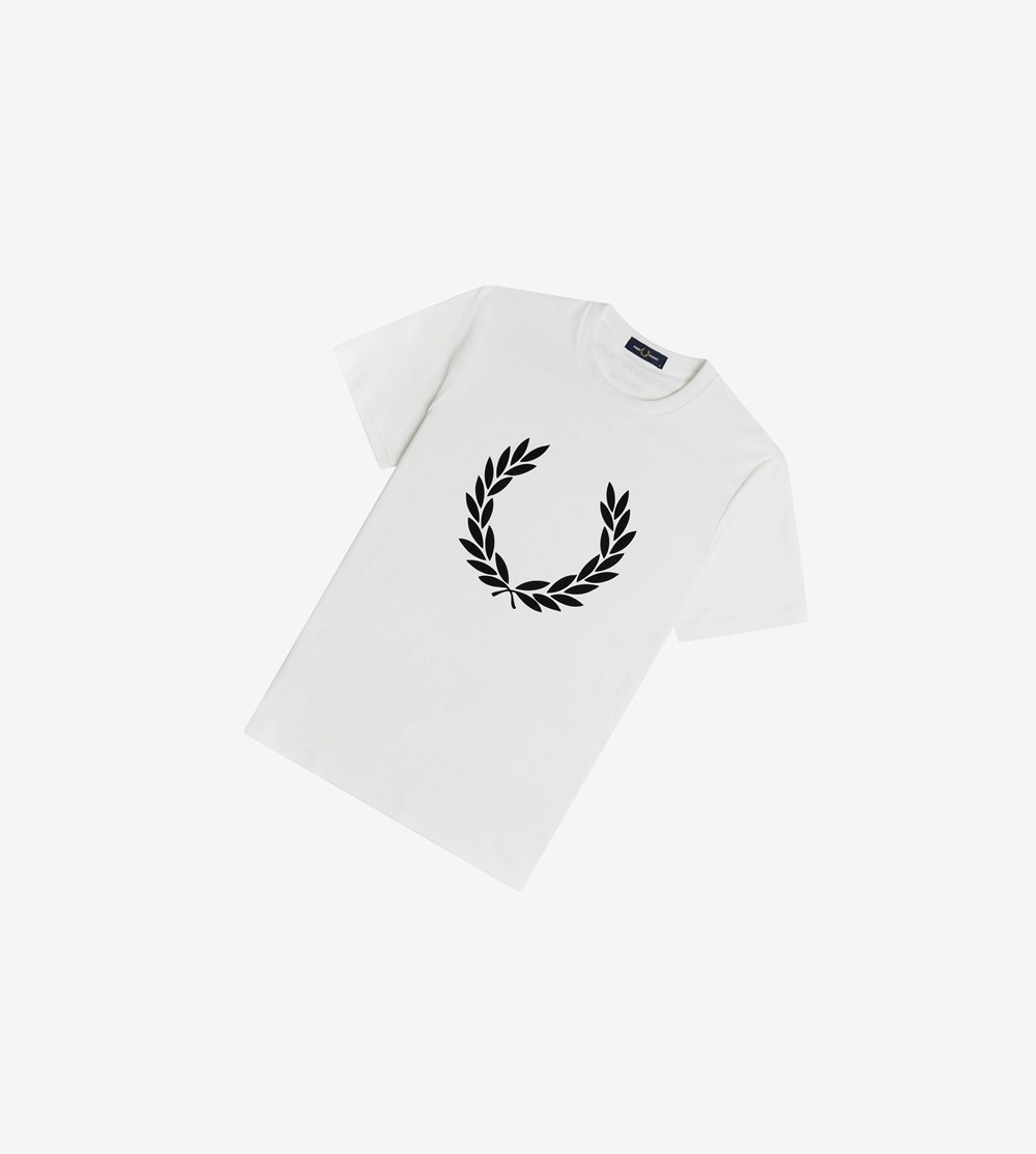 White Fred Perry Flock Laurel Wreath Men\'s T Shirts | ZBGRE-0586