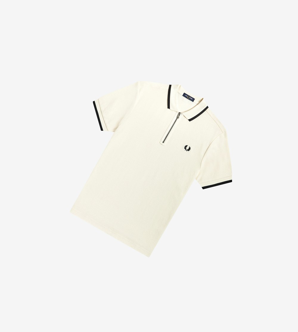 White Fred Perry Half Zip Men's Polo Shirts | UZHXN-8150