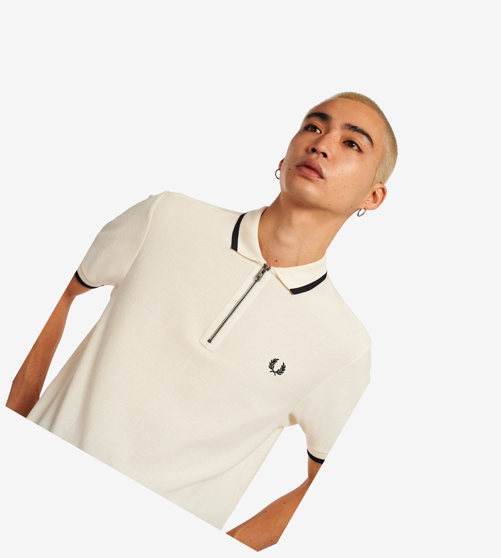 White Fred Perry Half Zip Men's Polo Shirts | UZHXN-8150