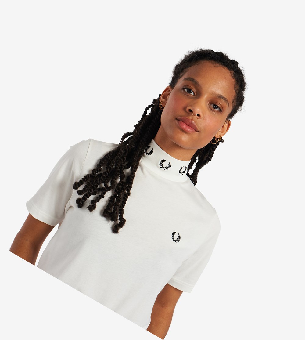 White Fred Perry Laurel Wreath High Neck Women's T Shirts & Tops | HGUVT-9421