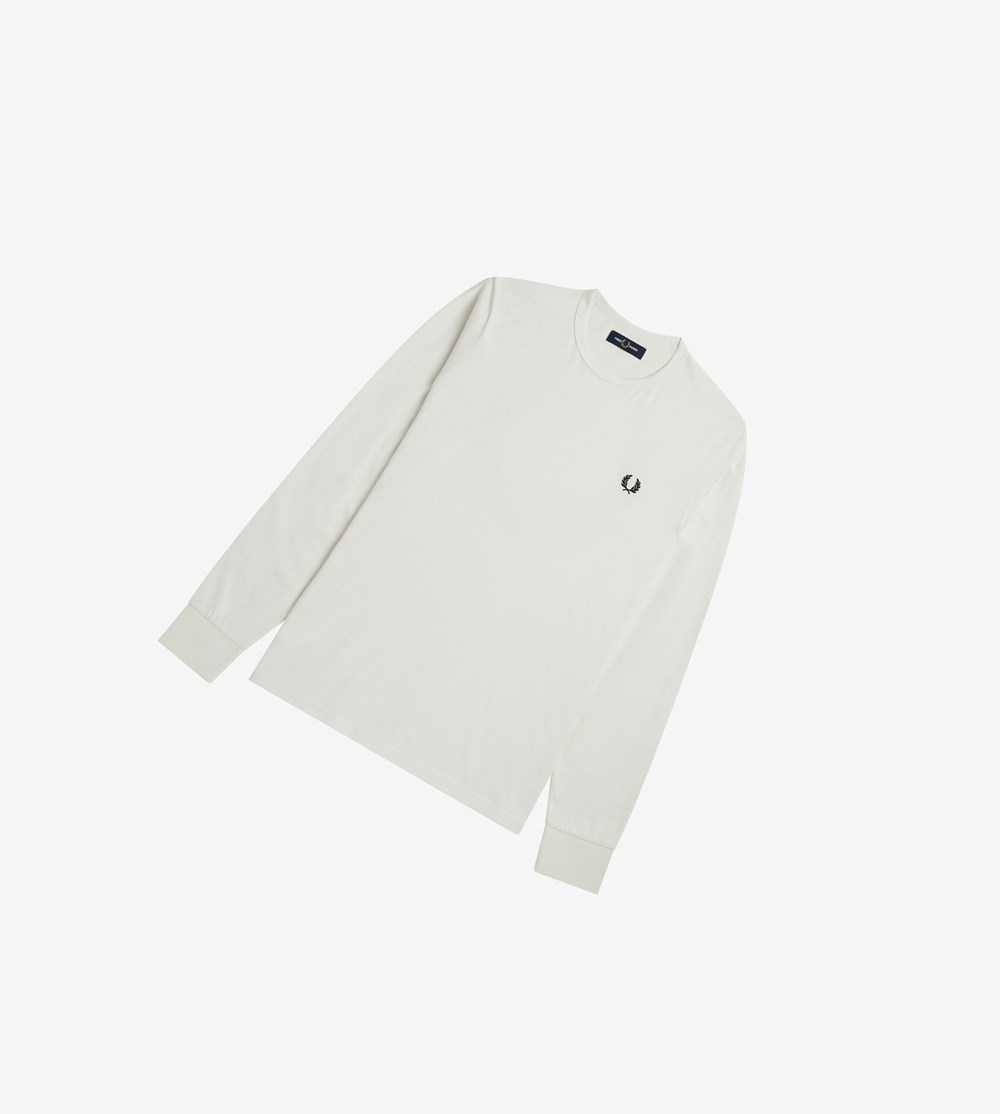 White Fred Perry Laurel Wreath Long Sleeve Men's T Shirts | IVLGH-4180