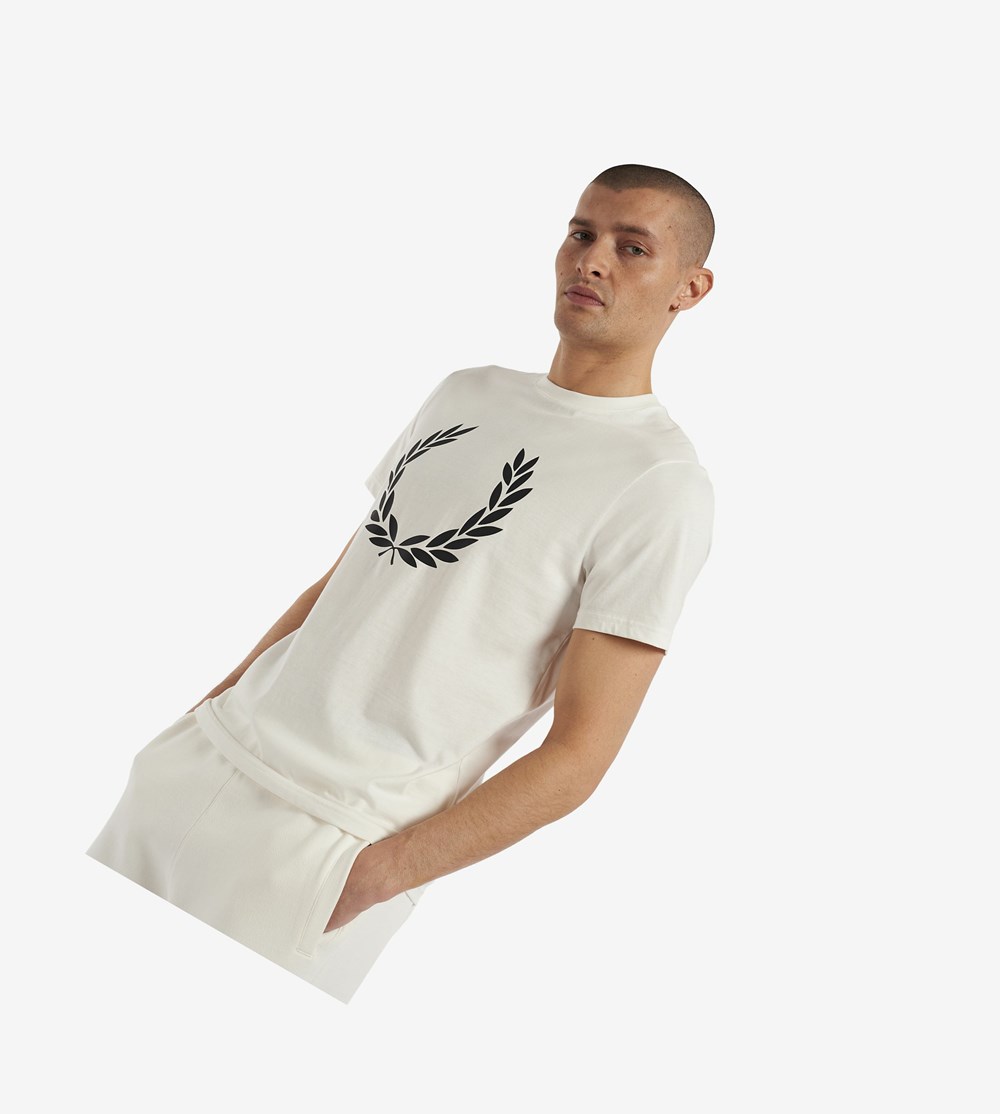 White Fred Perry Laurel Wreath Print Men's T Shirts | HWSXK-9640